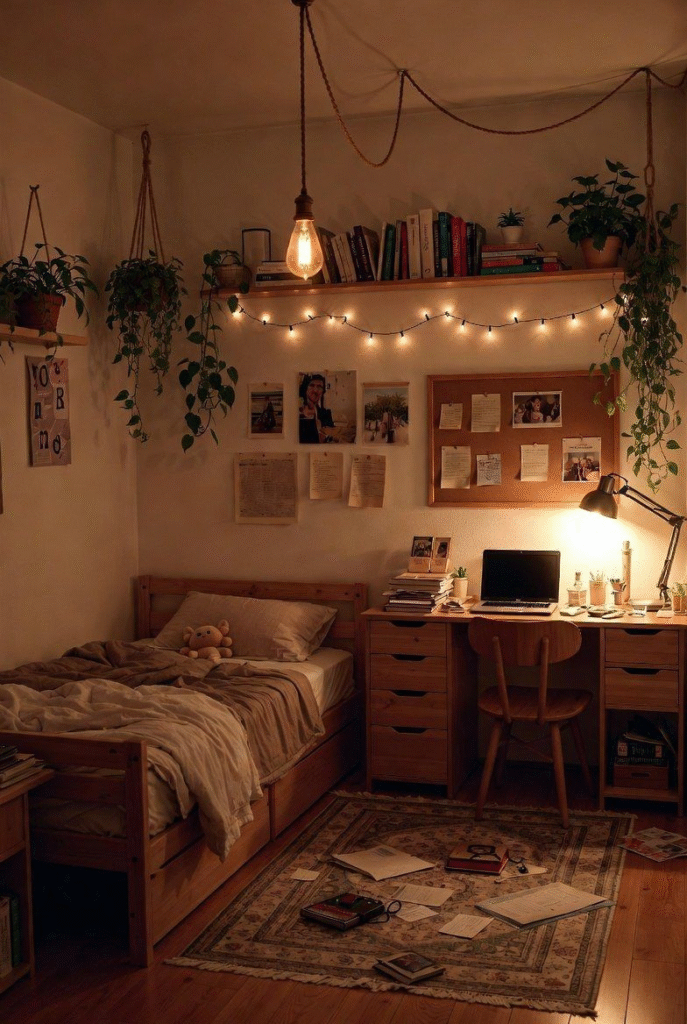 Eco-friendly dorm room decor featuring upcycled furniture and free items sourced from a Buy Nothing community group.